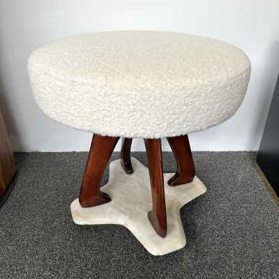 Mid-Century Modern Pair of stools in wood, brass and marble base. New upholstery looped fabric. Famous design like Pier Luigi Colli, Mascagni, Cesare Lacca, Vittorio Dassi, Osvaldo Borsani, Gianfranco Frattini, Ico Parisi, Gio Ponti, Cassina, Carlo de Carli, Fontana Arte. brass, metal, 1960s 1970s 1980s space age