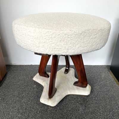 Mid-Century Modern Pair of stools in wood, brass and marble base. New upholstery looped fabric. Famous design like Pier Luigi Colli, Mascagni, Cesare Lacca, Vittorio Dassi, Osvaldo Borsani, Gianfranco Frattini, Ico Parisi, Gio Ponti, Cassina, Carlo de Carli, Fontana Arte. brass, metal, 1960s 1970s 1980s space age