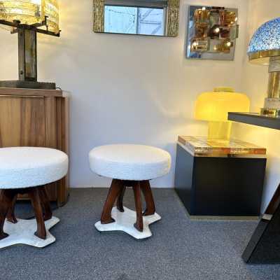 Mid-Century Modern Pair of stools in wood, brass and marble base. New upholstery looped fabric. Famous design like Pier Luigi Colli, Mascagni, Cesare Lacca, Vittorio Dassi, Osvaldo Borsani, Gianfranco Frattini, Ico Parisi, Gio Ponti, Cassina, Carlo de Carli, Fontana Arte. brass, metal, 1960s 1970s 1980s space age