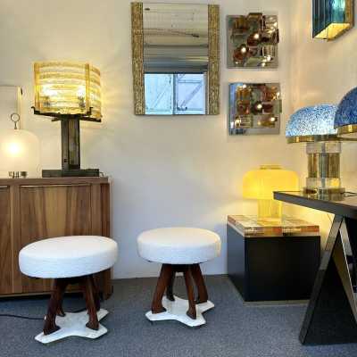 Mid-Century Modern Pair of stools in wood, brass and marble base. New upholstery looped fabric. Famous design like Pier Luigi Colli, Mascagni, Cesare Lacca, Vittorio Dassi, Osvaldo Borsani, Gianfranco Frattini, Ico Parisi, Gio Ponti, Cassina, Carlo de Carli, Fontana Arte. brass, metal, 1960s 1970s 1980s space age