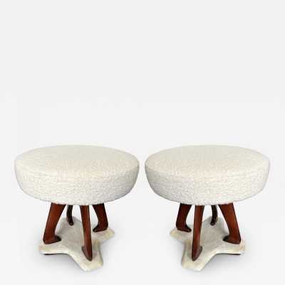 Mid-Century Modern Pair of stools in wood, brass and marble base. New upholstery looped fabric. Famous design like Pier Luigi Colli, Mascagni, Cesare Lacca, Vittorio Dassi, Osvaldo Borsani, Gianfranco Frattini, Ico Parisi, Gio Ponti, Cassina, Carlo de Carli, Fontana Arte. brass, metal, 1960s 1970s 1980s space age