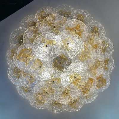 Large sun wall light lamp panel sconce or flush mount chandelier pendant light. Thick clear and orange frosted murano glass disc, white lacquered metal structure with nice brass screw. Italian design attributed to the Murano manufacture Mazzega. Famous design like Gianmaria Potenza, Vistosi, Venini, Aldo Carlo Nason, Poliarte, Toni Zuccheri, Cenedese, Veronese. mid-century modern space age hollywood regency brass metal wood lamp floor sconces chandelier