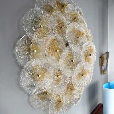 Large sun wall light lamp panel sconce or flush mount chandelier pendant light. Thick clear and orange frosted murano glass disc, white lacquered metal structure with nice brass screw. Italian design attributed to the Murano manufacture Mazzega. Famous design like Gianmaria Potenza, Vistosi, Venini, Aldo Carlo Nason, Poliarte, Toni Zuccheri, Cenedese, Veronese. mid-century modern space age hollywood regency brass metal wood lamp floor sconces chandelier