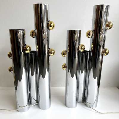 Mid-Century Modern Space Age Impressive and extremely decorative sculpture pair of or set of 2 table or bedside lamps by the Italian design manufacture OMA. Famous like Aldo Nason, Poliarte, Esperia, Angelo Brotto, Stilnovo, Arteluce, Arredoluce, Artemide, Pierre Cardin, Lumi, Luci, Raak, Angelo Lelii, Francesco Bocola, Superstudio, Enrico Tronconi, Mario Bellini, Harvey Guzzini, Luigi Massoni, Martinelli , Fabio Lenci, Gio Ponti, Sciolari, Willy Rizzo, Reggiani, brass metal wood 1960s 1950s wall sconces