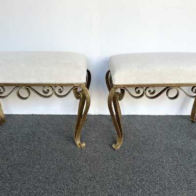 Large version of Pair of stools, poufs or ottomans by Pier Luigi Colli. Hammered wrought iron and gold leaf. Fully upholstered with alpaca mohair fabric. Famous design like Maison Jansen, Baguès, Gilbert Poillerat, Raymond Subes, Thibier, Art Deco, Maison Ramsey. mid-century modern brutalist metal brass wood 1970s 1960s