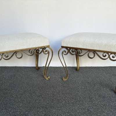 Large version of Pair of stools, poufs or ottomans by Pier Luigi Colli. Hammered wrought iron and gold leaf. Fully upholstered with alpaca mohair fabric. Famous design like Maison Jansen, Baguès, Gilbert Poillerat, Raymond Subes, Thibier, Art Deco, Maison Ramsey. mid-century modern brutalist metal brass wood 1970s 1960s