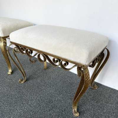 Large version of Pair of stools, poufs or ottomans by Pier Luigi Colli. Hammered wrought iron and gold leaf. Fully upholstered with alpaca mohair fabric. Famous design like Maison Jansen, Baguès, Gilbert Poillerat, Raymond Subes, Thibier, Art Deco, Maison Ramsey. mid-century modern brutalist metal brass wood 1970s 1960s