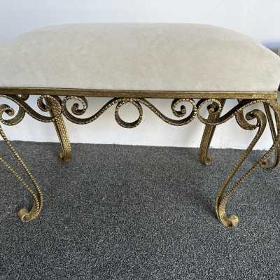 Large version of Pair of stools, poufs or ottomans by Pier Luigi Colli. Hammered wrought iron and gold leaf. Fully upholstered with alpaca mohair fabric. Famous design like Maison Jansen, Baguès, Gilbert Poillerat, Raymond Subes, Thibier, Art Deco, Maison Ramsey. mid-century modern brutalist metal brass wood 1970s 1960s