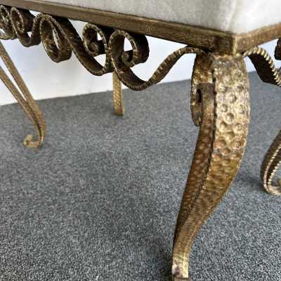 Large version of Pair of stools, poufs or ottomans by Pier Luigi Colli. Hammered wrought iron and gold leaf. Fully upholstered with alpaca mohair fabric. Famous design like Maison Jansen, Baguès, Gilbert Poillerat, Raymond Subes, Thibier, Art Deco, Maison Ramsey. mid-century modern brutalist metal brass wood 1970s 1960s