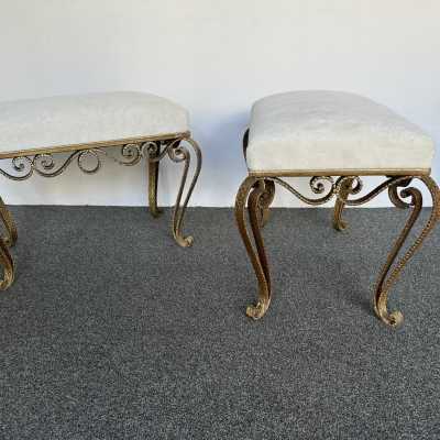 Large version of Pair of stools, poufs or ottomans by Pier Luigi Colli. Hammered wrought iron and gold leaf. Fully upholstered with alpaca mohair fabric. Famous design like Maison Jansen, Baguès, Gilbert Poillerat, Raymond Subes, Thibier, Art Deco, Maison Ramsey. mid-century modern brutalist metal brass wood 1970s 1960s