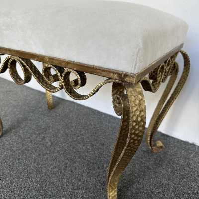 Large version of Pair of stools, poufs or ottomans by Pier Luigi Colli. Hammered wrought iron and gold leaf. Fully upholstered with alpaca mohair fabric. Famous design like Maison Jansen, Baguès, Gilbert Poillerat, Raymond Subes, Thibier, Art Deco, Maison Ramsey. mid-century modern brutalist metal brass wood 1970s 1960s
