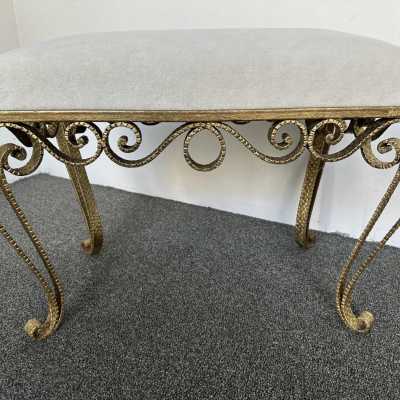Large version of Pair of stools, poufs or ottomans by Pier Luigi Colli. Hammered wrought iron and gold leaf. Fully upholstered with alpaca mohair fabric. Famous design like Maison Jansen, Baguès, Gilbert Poillerat, Raymond Subes, Thibier, Art Deco, Maison Ramsey. mid-century modern brutalist metal brass wood 1970s 1960s