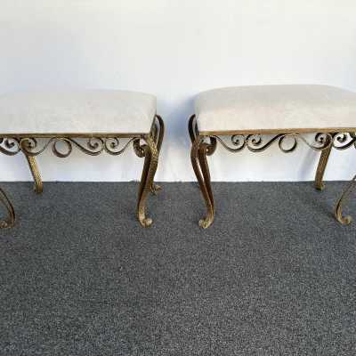 Large version of Pair of stools, poufs or ottomans by Pier Luigi Colli. Hammered wrought iron and gold leaf. Fully upholstered with alpaca mohair fabric. Famous design like Maison Jansen, Baguès, Gilbert Poillerat, Raymond Subes, Thibier, Art Deco, Maison Ramsey. mid-century modern brutalist metal brass wood 1970s 1960s