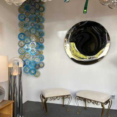 Large version of Pair of stools, poufs or ottomans by Pier Luigi Colli. Hammered wrought iron and gold leaf. Fully upholstered with alpaca mohair fabric. Famous design like Maison Jansen, Baguès, Gilbert Poillerat, Raymond Subes, Thibier, Art Deco, Maison Ramsey. mid-century modern brutalist metal brass wood 1970s 1960s