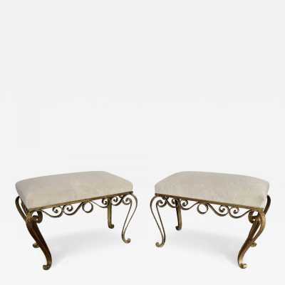 Large version of Pair of stools, poufs or ottomans by Pier Luigi Colli. Hammered wrought iron and gold leaf. Fully upholstered with alpaca mohair fabric. Famous design like Maison Jansen, Baguès, Gilbert Poillerat, Raymond Subes, Thibier, Art Deco, Maison Ramsey. mid-century modern brutalist metal brass wood 1970s 1960s