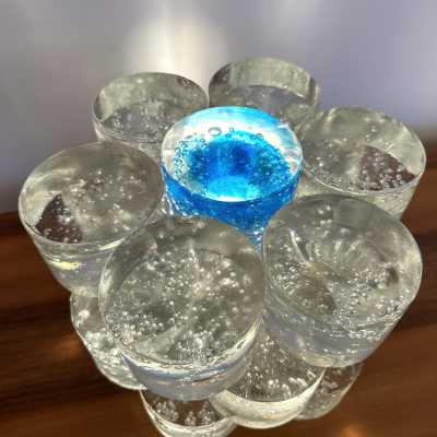 Large Mid-Century Modern space age round cube lamp design by the Italian manufacture Poliarte. Pressed bubble glass with blue detail. Famous editor manufacture like Venini, Vistosi, La Murrina, Seguso, Aldo Nason, Carlo Aldo Nason for Mazzega, Stilnovo, Arteluce, Arredoluce, Artemide, Pierre Cardin, Lumi, Luci, RAAK, Angelo Lelii, Francesco Bocola, Superstudio, Enrico Tronconi, Mario Bellini, Harvey Guzzini, Luigi Massoni, Martinelli, Fabio Lenci, Gio Ponti.
