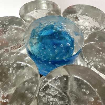 Large Mid-Century Modern space age round cube lamp design by the Italian manufacture Poliarte. Pressed bubble glass with blue detail. Famous editor manufacture like Venini, Vistosi, La Murrina, Seguso, Aldo Nason, Carlo Aldo Nason for Mazzega, Stilnovo, Arteluce, Arredoluce, Artemide, Pierre Cardin, Lumi, Luci, RAAK, Angelo Lelii, Francesco Bocola, Superstudio, Enrico Tronconi, Mario Bellini, Harvey Guzzini, Luigi Massoni, Martinelli, Fabio Lenci, Gio Ponti.