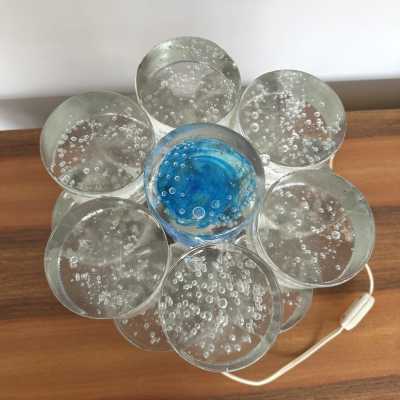 Large Mid-Century Modern space age round cube lamp design by the Italian manufacture Poliarte. Pressed bubble glass with blue detail. Famous editor manufacture like Venini, Vistosi, La Murrina, Seguso, Aldo Nason, Carlo Aldo Nason for Mazzega, Stilnovo, Arteluce, Arredoluce, Artemide, Pierre Cardin, Lumi, Luci, RAAK, Angelo Lelii, Francesco Bocola, Superstudio, Enrico Tronconi, Mario Bellini, Harvey Guzzini, Luigi Massoni, Martinelli, Fabio Lenci, Gio Ponti.