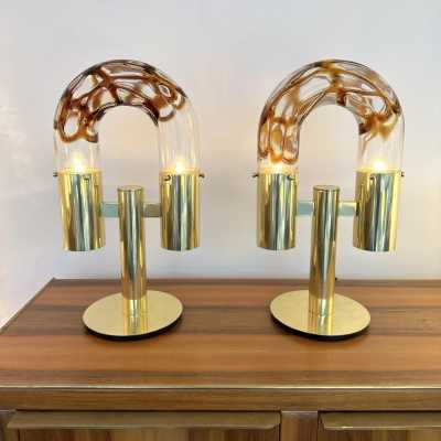 Mid-Century Modern Space Age pair of or set of 2 table lamps by Aldo Nason for the manufacture Mazzega. Brass and Blown Murano glass. Famous manufacture like Venini, Vistosi, La Murrina, Seguso, Carlo Nason, Poliarte, Esperia, Angelo Brotto, Stilnovo, Arteluce, Arredoluce, Artemide, Pierre Cardin, Lumi, Luci, Raak, Angelo Lelii, Francesco Bocola, Superstudio, Enrico Tronconi, Mario Bellini, Harvey Guzzini, Luigi Massoni, Martinelli, Fabio Lenci, Gio Ponti. metal bronze wood 1960s 1950s