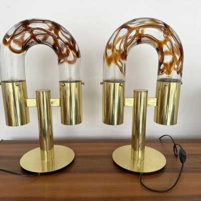Mid-Century Modern Space Age pair of or set of 2 table lamps by Aldo Nason for the manufacture Mazzega. Brass and Blown Murano glass. Famous manufacture like Venini, Vistosi, La Murrina, Seguso, Carlo Nason, Poliarte, Esperia, Angelo Brotto, Stilnovo, Arteluce, Arredoluce, Artemide, Pierre Cardin, Lumi, Luci, Raak, Angelo Lelii, Francesco Bocola, Superstudio, Enrico Tronconi, Mario Bellini, Harvey Guzzini, Luigi Massoni, Martinelli, Fabio Lenci, Gio Ponti. metal bronze wood 1960s 1950s