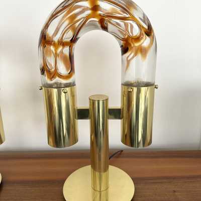 Mid-Century Modern Space Age pair of or set of 2 table lamps by Aldo Nason for the manufacture Mazzega. Brass and Blown Murano glass. Famous manufacture like Venini, Vistosi, La Murrina, Seguso, Carlo Nason, Poliarte, Esperia, Angelo Brotto, Stilnovo, Arteluce, Arredoluce, Artemide, Pierre Cardin, Lumi, Luci, Raak, Angelo Lelii, Francesco Bocola, Superstudio, Enrico Tronconi, Mario Bellini, Harvey Guzzini, Luigi Massoni, Martinelli, Fabio Lenci, Gio Ponti. metal bronze wood 1960s 1950s