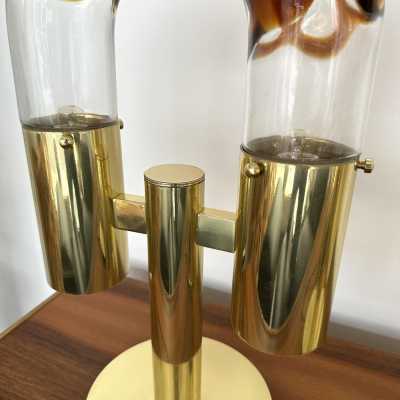 Mid-Century Modern Space Age pair of or set of 2 table lamps by Aldo Nason for the manufacture Mazzega. Brass and Blown Murano glass. Famous manufacture like Venini, Vistosi, La Murrina, Seguso, Carlo Nason, Poliarte, Esperia, Angelo Brotto, Stilnovo, Arteluce, Arredoluce, Artemide, Pierre Cardin, Lumi, Luci, Raak, Angelo Lelii, Francesco Bocola, Superstudio, Enrico Tronconi, Mario Bellini, Harvey Guzzini, Luigi Massoni, Martinelli, Fabio Lenci, Gio Ponti. metal bronze wood 1960s 1950s