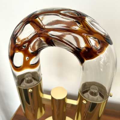 Mid-Century Modern Space Age pair of or set of 2 table lamps by Aldo Nason for the manufacture Mazzega. Brass and Blown Murano glass. Famous manufacture like Venini, Vistosi, La Murrina, Seguso, Carlo Nason, Poliarte, Esperia, Angelo Brotto, Stilnovo, Arteluce, Arredoluce, Artemide, Pierre Cardin, Lumi, Luci, Raak, Angelo Lelii, Francesco Bocola, Superstudio, Enrico Tronconi, Mario Bellini, Harvey Guzzini, Luigi Massoni, Martinelli, Fabio Lenci, Gio Ponti. metal bronze wood 1960s 1950s