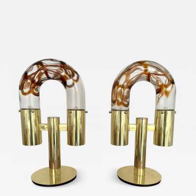 Mid-Century Modern Space Age pair of or set of 2 table lamps by Aldo Nason for the manufacture Mazzega. Brass and Blown Murano glass. Famous manufacture like Venini, Vistosi, La Murrina, Seguso, Carlo Nason, Poliarte, Esperia, Angelo Brotto, Stilnovo, Arteluce, Arredoluce, Artemide, Pierre Cardin, Lumi, Luci, Raak, Angelo Lelii, Francesco Bocola, Superstudio, Enrico Tronconi, Mario Bellini, Harvey Guzzini, Luigi Massoni, Martinelli, Fabio Lenci, Gio Ponti. metal bronze wood 1960s 1950s