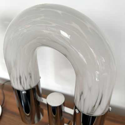 Mid-Century Modern Space Age pair of or set of 2 table lamps by Aldo Nason for the manufacture Mazzega. Metal chrome and Blown Murano glass. Famous manufacture like Venini, Vistosi, La Murrina, Seguso, Carlo Nason, Poliarte, Esperia, Angelo Brotto, Stilnovo, Arteluce, Arredoluce, Artemide, Pierre Cardin, Lumi, Luci, Raak, Angelo Lelii, Francesco Bocola, Superstudio, Enrico Tronconi, Mario Bellini, Harvey Guzzini, Luigi Massoni, Martinelli, Fabio Lenci, Gio Ponti. brass wood 1960s 1950s