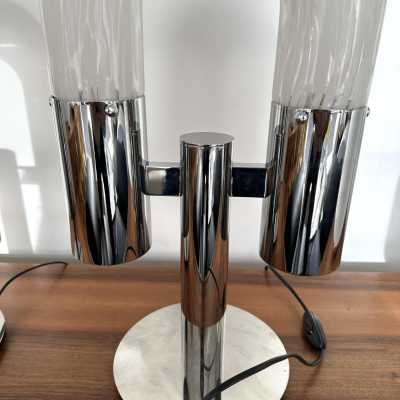 Mid-Century Modern Space Age pair of or set of 2 table lamps by Aldo Nason for the manufacture Mazzega. Metal chrome and Blown Murano glass. Famous manufacture like Venini, Vistosi, La Murrina, Seguso, Carlo Nason, Poliarte, Esperia, Angelo Brotto, Stilnovo, Arteluce, Arredoluce, Artemide, Pierre Cardin, Lumi, Luci, Raak, Angelo Lelii, Francesco Bocola, Superstudio, Enrico Tronconi, Mario Bellini, Harvey Guzzini, Luigi Massoni, Martinelli, Fabio Lenci, Gio Ponti. brass wood 1960s 1950s