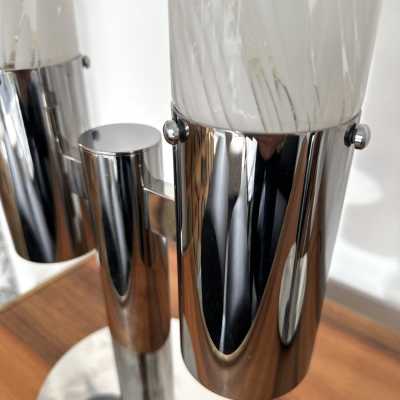 Mid-Century Modern Space Age pair of or set of 2 table lamps by Aldo Nason for the manufacture Mazzega. Metal chrome and Blown Murano glass. Famous manufacture like Venini, Vistosi, La Murrina, Seguso, Carlo Nason, Poliarte, Esperia, Angelo Brotto, Stilnovo, Arteluce, Arredoluce, Artemide, Pierre Cardin, Lumi, Luci, Raak, Angelo Lelii, Francesco Bocola, Superstudio, Enrico Tronconi, Mario Bellini, Harvey Guzzini, Luigi Massoni, Martinelli, Fabio Lenci, Gio Ponti. brass wood 1960s 1950s