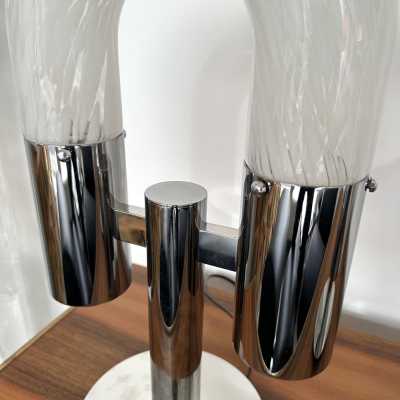 Mid-Century Modern Space Age pair of or set of 2 table lamps by Aldo Nason for the manufacture Mazzega. Metal chrome and Blown Murano glass. Famous manufacture like Venini, Vistosi, La Murrina, Seguso, Carlo Nason, Poliarte, Esperia, Angelo Brotto, Stilnovo, Arteluce, Arredoluce, Artemide, Pierre Cardin, Lumi, Luci, Raak, Angelo Lelii, Francesco Bocola, Superstudio, Enrico Tronconi, Mario Bellini, Harvey Guzzini, Luigi Massoni, Martinelli, Fabio Lenci, Gio Ponti. brass wood 1960s 1950s