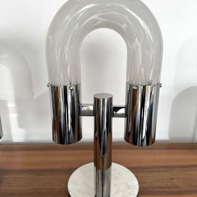 Mid-Century Modern Space Age pair of or set of 2 table lamps by Aldo Nason for the manufacture Mazzega. Metal chrome and Blown Murano glass. Famous manufacture like Venini, Vistosi, La Murrina, Seguso, Carlo Nason, Poliarte, Esperia, Angelo Brotto, Stilnovo, Arteluce, Arredoluce, Artemide, Pierre Cardin, Lumi, Luci, Raak, Angelo Lelii, Francesco Bocola, Superstudio, Enrico Tronconi, Mario Bellini, Harvey Guzzini, Luigi Massoni, Martinelli, Fabio Lenci, Gio Ponti. brass wood 1960s 1950s