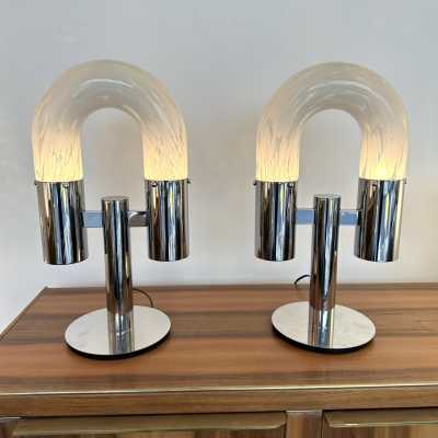 Mid-Century Modern Space Age pair of or set of 2 table lamps by Aldo Nason for the manufacture Mazzega. Metal chrome and Blown Murano glass. Famous manufacture like Venini, Vistosi, La Murrina, Seguso, Carlo Nason, Poliarte, Esperia, Angelo Brotto, Stilnovo, Arteluce, Arredoluce, Artemide, Pierre Cardin, Lumi, Luci, Raak, Angelo Lelii, Francesco Bocola, Superstudio, Enrico Tronconi, Mario Bellini, Harvey Guzzini, Luigi Massoni, Martinelli, Fabio Lenci, Gio Ponti. brass wood 1960s 1950s