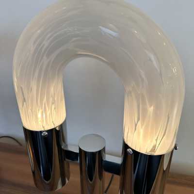 Mid-Century Modern Space Age pair of or set of 2 table lamps by Aldo Nason for the manufacture Mazzega. Metal chrome and Blown Murano glass. Famous manufacture like Venini, Vistosi, La Murrina, Seguso, Carlo Nason, Poliarte, Esperia, Angelo Brotto, Stilnovo, Arteluce, Arredoluce, Artemide, Pierre Cardin, Lumi, Luci, Raak, Angelo Lelii, Francesco Bocola, Superstudio, Enrico Tronconi, Mario Bellini, Harvey Guzzini, Luigi Massoni, Martinelli, Fabio Lenci, Gio Ponti. brass wood 1960s 1950s