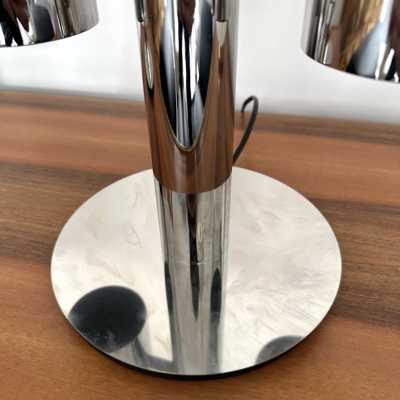 Mid-Century Modern Space Age pair of or set of 2 table lamps by Aldo Nason for the manufacture Mazzega. Metal chrome and Blown Murano glass. Famous manufacture like Venini, Vistosi, La Murrina, Seguso, Carlo Nason, Poliarte, Esperia, Angelo Brotto, Stilnovo, Arteluce, Arredoluce, Artemide, Pierre Cardin, Lumi, Luci, Raak, Angelo Lelii, Francesco Bocola, Superstudio, Enrico Tronconi, Mario Bellini, Harvey Guzzini, Luigi Massoni, Martinelli, Fabio Lenci, Gio Ponti. brass wood 1960s 1950s
