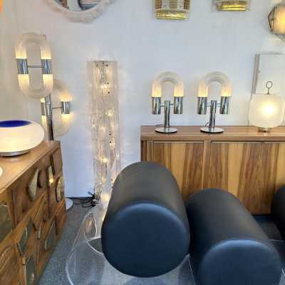 Mid-Century Modern Space Age pair of or set of 2 table lamps by Aldo Nason for the manufacture Mazzega. Metal chrome and Blown Murano glass. Famous manufacture like Venini, Vistosi, La Murrina, Seguso, Carlo Nason, Poliarte, Esperia, Angelo Brotto, Stilnovo, Arteluce, Arredoluce, Artemide, Pierre Cardin, Lumi, Luci, Raak, Angelo Lelii, Francesco Bocola, Superstudio, Enrico Tronconi, Mario Bellini, Harvey Guzzini, Luigi Massoni, Martinelli, Fabio Lenci, Gio Ponti. brass wood 1960s 1950s