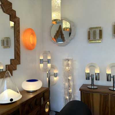 Mid-Century Modern Space Age pair of or set of 2 table lamps by Aldo Nason for the manufacture Mazzega. Metal chrome and Blown Murano glass. Famous manufacture like Venini, Vistosi, La Murrina, Seguso, Carlo Nason, Poliarte, Esperia, Angelo Brotto, Stilnovo, Arteluce, Arredoluce, Artemide, Pierre Cardin, Lumi, Luci, Raak, Angelo Lelii, Francesco Bocola, Superstudio, Enrico Tronconi, Mario Bellini, Harvey Guzzini, Luigi Massoni, Martinelli, Fabio Lenci, Gio Ponti. brass wood 1960s 1950s