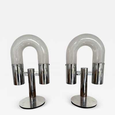 Mid-Century Modern Space Age pair of or set of 2 table lamps by Aldo Nason for the manufacture Mazzega. Metal chrome and Blown Murano glass. Famous manufacture like Venini, Vistosi, La Murrina, Seguso, Carlo Nason, Poliarte, Esperia, Angelo Brotto, Stilnovo, Arteluce, Arredoluce, Artemide, Pierre Cardin, Lumi, Luci, Raak, Angelo Lelii, Francesco Bocola, Superstudio, Enrico Tronconi, Mario Bellini, Harvey Guzzini, Luigi Massoni, Martinelli, Fabio Lenci, Gio Ponti. brass wood 1960s 1950s