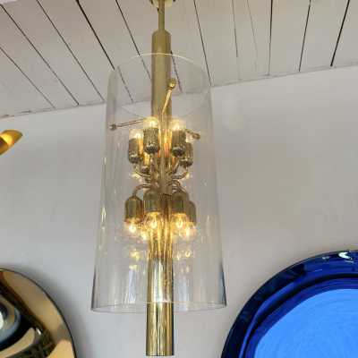 Mid-Century Modern Chandelier ceiling pendant light lightning fixture brass and bubble glass tube. Probably a German manufacturing for the Italian market during the 70s. In the mood of Venini, Vistosi, La Murrina, Seguso, Aldo Nason, Poliarte, Esperia, Angelo Brotto, Stilnovo, Arteluce, Arredoluce, Artemide, Pierre Cardin, Lumi, Luci, Raak, Angelo Lelii, Francesco Bocola, Superstudio, Enrico Tronconi , Mario Bellini, Harvey Guzzini, Luigi Massoni, Martinelli, Fabio Lenci, Gio Ponti, Reggiani, space age
