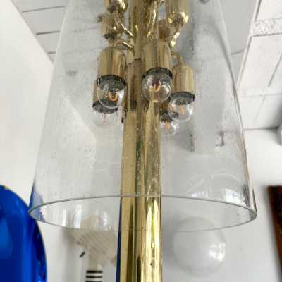 Mid-Century Modern Chandelier ceiling pendant light lightning fixture brass and bubble glass tube. Probably a German manufacturing for the Italian market during the 70s. In the mood of Venini, Vistosi, La Murrina, Seguso, Aldo Nason, Poliarte, Esperia, Angelo Brotto, Stilnovo, Arteluce, Arredoluce, Artemide, Pierre Cardin, Lumi, Luci, Raak, Angelo Lelii, Francesco Bocola, Superstudio, Enrico Tronconi , Mario Bellini, Harvey Guzzini, Luigi Massoni, Martinelli, Fabio Lenci, Gio Ponti, Reggiani, space age