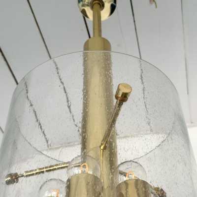 Mid-Century Modern Chandelier ceiling pendant light lightning fixture brass and bubble glass tube. Probably a German manufacturing for the Italian market during the 70s. In the mood of Venini, Vistosi, La Murrina, Seguso, Aldo Nason, Poliarte, Esperia, Angelo Brotto, Stilnovo, Arteluce, Arredoluce, Artemide, Pierre Cardin, Lumi, Luci, Raak, Angelo Lelii, Francesco Bocola, Superstudio, Enrico Tronconi , Mario Bellini, Harvey Guzzini, Luigi Massoni, Martinelli, Fabio Lenci, Gio Ponti, Reggiani, space age