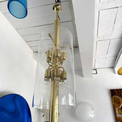 Mid-Century Modern Chandelier ceiling pendant light lightning fixture brass and bubble glass tube. Probably a German manufacturing for the Italian market during the 70s. In the mood of Venini, Vistosi, La Murrina, Seguso, Aldo Nason, Poliarte, Esperia, Angelo Brotto, Stilnovo, Arteluce, Arredoluce, Artemide, Pierre Cardin, Lumi, Luci, Raak, Angelo Lelii, Francesco Bocola, Superstudio, Enrico Tronconi , Mario Bellini, Harvey Guzzini, Luigi Massoni, Martinelli, Fabio Lenci, Gio Ponti, Reggiani, space age