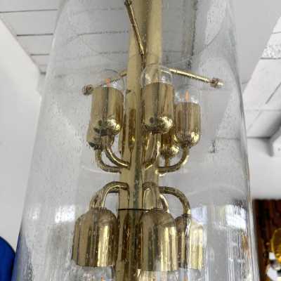 Mid-Century Modern Chandelier ceiling pendant light lightning fixture brass and bubble glass tube. Probably a German manufacturing for the Italian market during the 70s. In the mood of Venini, Vistosi, La Murrina, Seguso, Aldo Nason, Poliarte, Esperia, Angelo Brotto, Stilnovo, Arteluce, Arredoluce, Artemide, Pierre Cardin, Lumi, Luci, Raak, Angelo Lelii, Francesco Bocola, Superstudio, Enrico Tronconi , Mario Bellini, Harvey Guzzini, Luigi Massoni, Martinelli, Fabio Lenci, Gio Ponti, Reggiani, space age