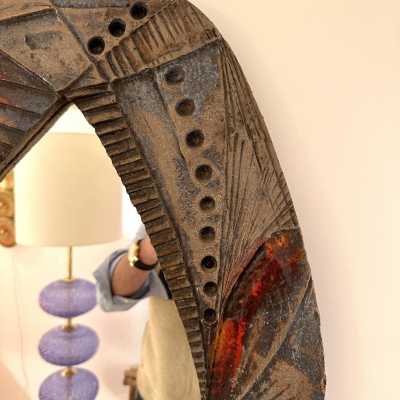 ceramic terracotta lava stone enameled sculpture wall mirror. In the mood of Claudio Pulli, Roger Capron, Borderie, Les Frères Cloutier, Mado Jolain, Les 2 Potiers, Georges Jouves, Ruelland, Les Argonautes. mid-century modern brutalist brass metal wood 1970s 1950s 1980s