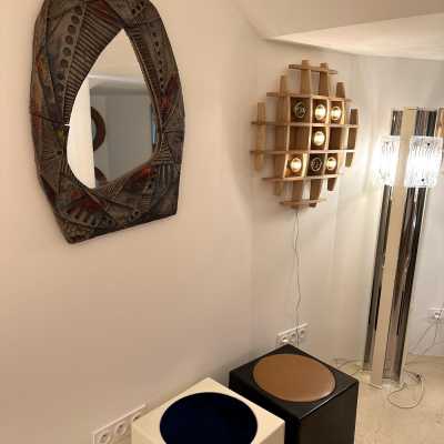 ceramic terracotta lava stone enameled sculpture wall mirror. In the mood of Claudio Pulli, Roger Capron, Borderie, Les Frères Cloutier, Mado Jolain, Les 2 Potiers, Georges Jouves, Ruelland, Les Argonautes. mid-century modern brutalist brass metal wood 1970s 1950s 1980s