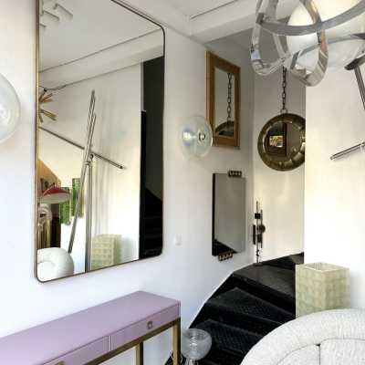 Extra large Mid-Century Modern brass frame mirror. Italian architect Gio Ponti placed this style of mirror in his interiors during the 1950s and 1960s. Same design period as Fontana Arte, Cristal Art, Pier Luigi Colli, Ico Parisi, Cesare Lacca, Franco Campo and Carlo Graffi, Osvaldo Borsani. bronze wood metal italian design