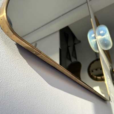 Extra large Mid-Century Modern brass frame mirror. Italian architect Gio Ponti placed this style of mirror in his interiors during the 1950s and 1960s. Same design period as Fontana Arte, Cristal Art, Pier Luigi Colli, Ico Parisi, Cesare Lacca, Franco Campo and Carlo Graffi, Osvaldo Borsani. bronze wood metal italian design