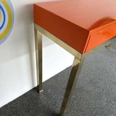 Mid-Century Modern Space Age Hollywood Regency orange lacquered console table with wood interior, 2 drawers, brass feet and handle by the French designer Guy Lefevre. Famous manufacture like Maison Jansen, Mahey, Mario Sabot, Charles. wood metal 1960s 1950s console table end side low coffee cocktail