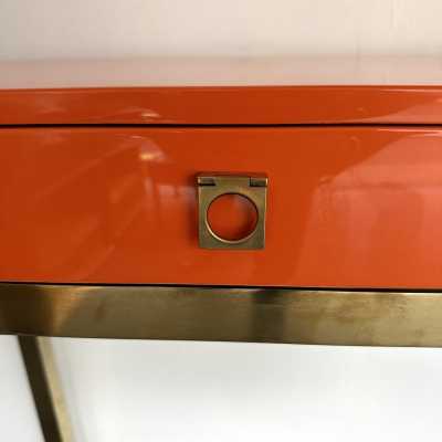 Mid-Century Modern Space Age Hollywood Regency orange lacquered console table with wood interior, 2 drawers, brass feet and handle by the French designer Guy Lefevre. Famous manufacture like Maison Jansen, Mahey, Mario Sabot, Charles. wood metal 1960s 1950s console table end side low coffee cocktail